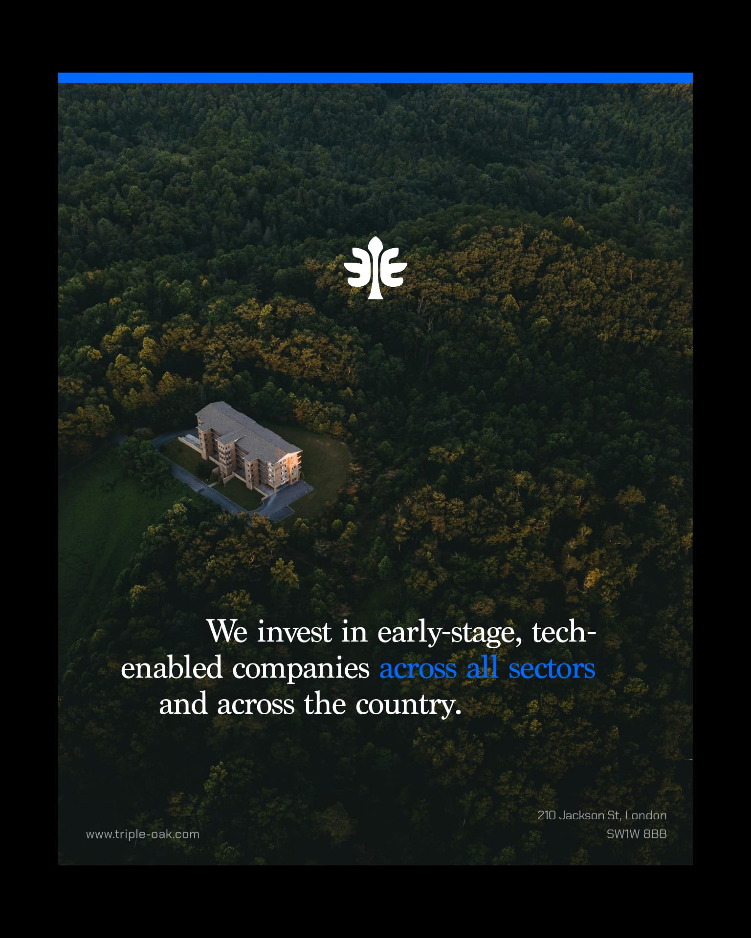 Triple Oak Capital cover visual, aerial forest with building and wordmark