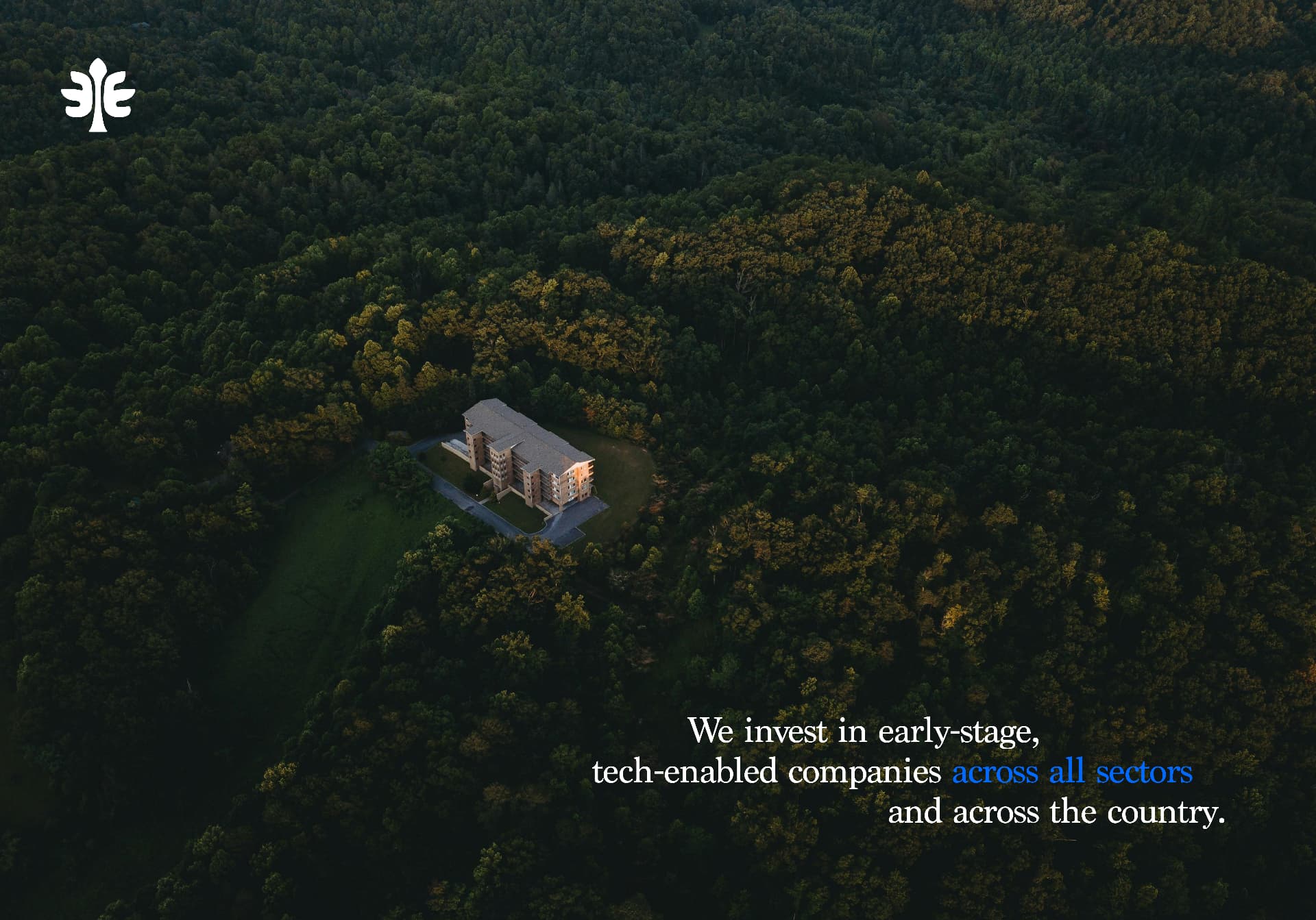 Triple Oak Capital campaign visual, aerial forest with building