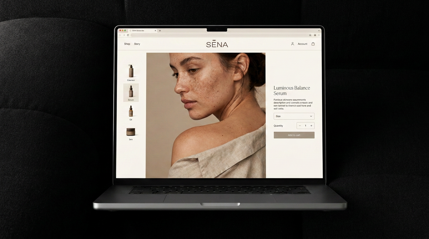 Sena website design shown on a laptop